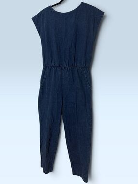 Women's Vintage Navy Blue Denim Jumpsuit with Elastic Waist